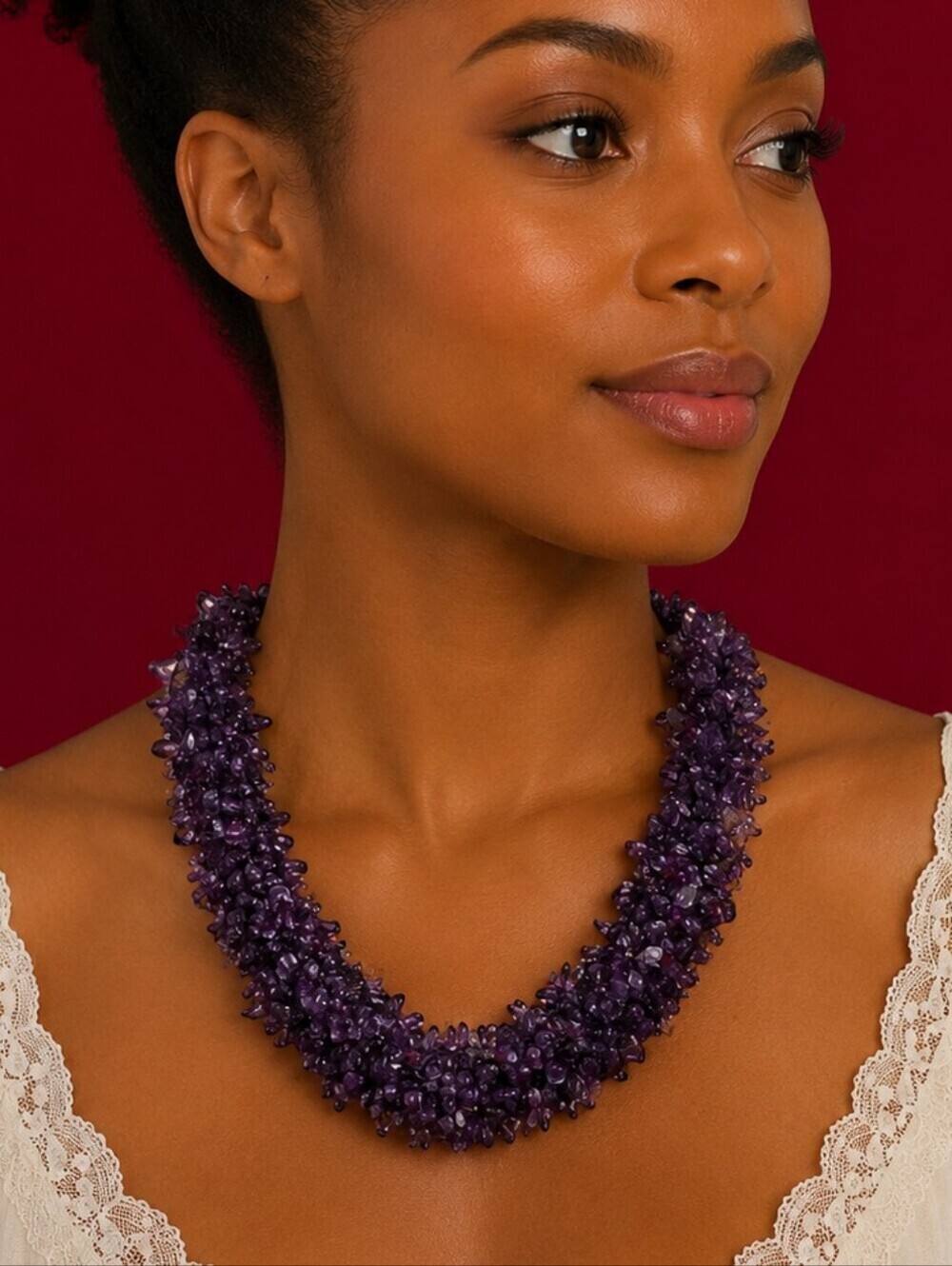 Vintage 1980s Purple Amethyst Chip Cluster Beaded Woven Festival Necklace